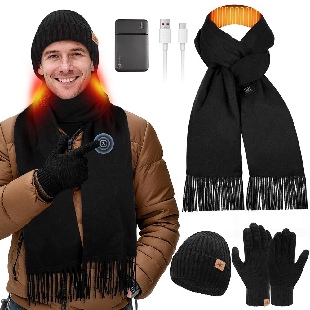 5328 3Pcs Heated Scarf Hat Gloves Set with USB Rechargeable 5000mAh Battery